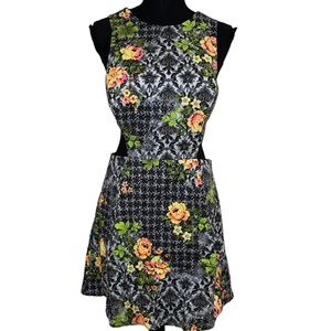 NWT Top Shot Grey Neon Pink/Yellow Floral Open Side Mini Dress (6) [cotton, elas